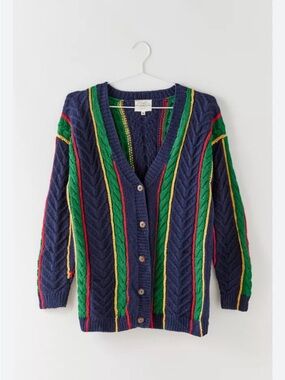 Oversized Vintage Navy Cable-Knit Cardigan with Green & Yellow Stripe Accents